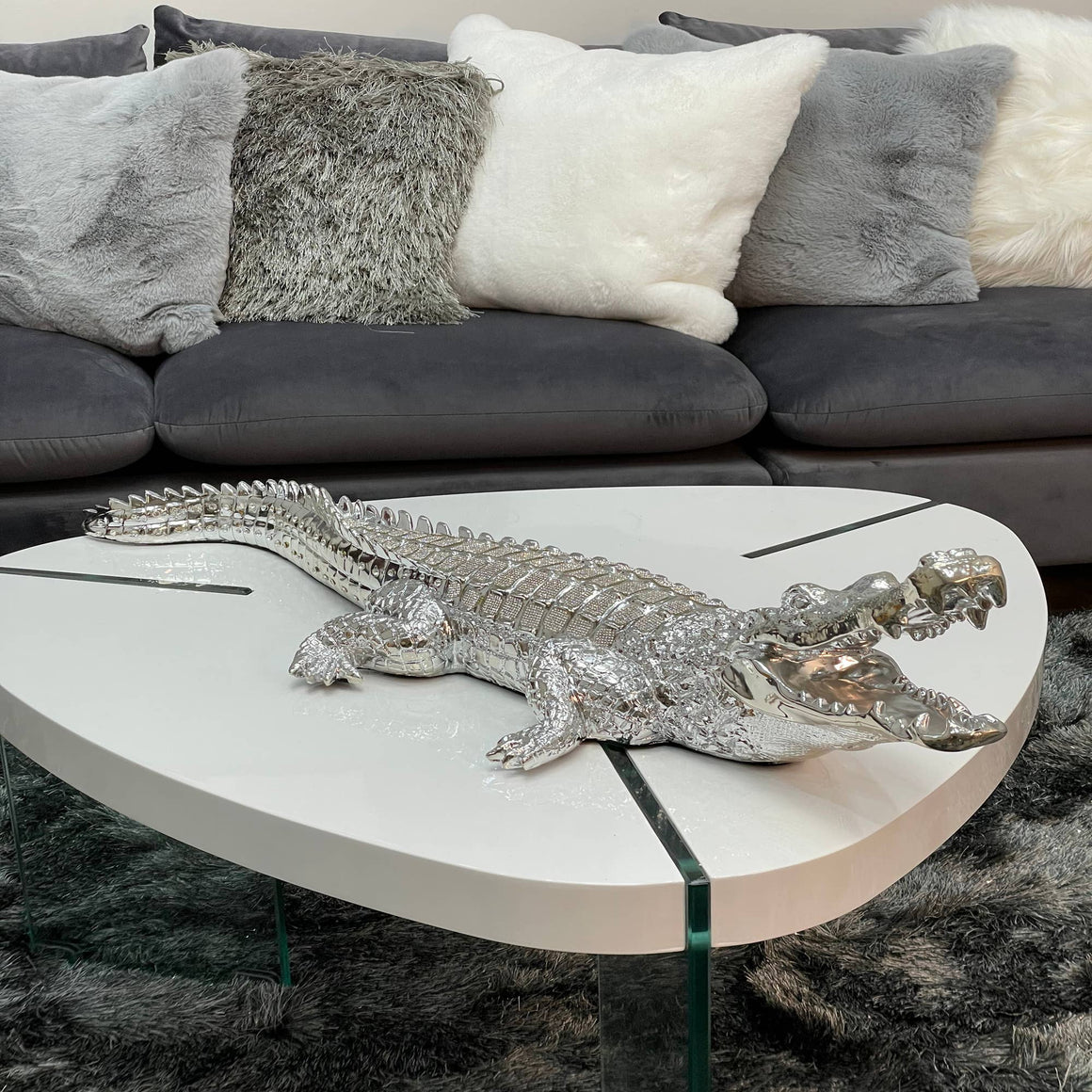 AMBROSE DIAMOND ENCRUSTED CHROME PLATED CROCODILE: Large / Silver